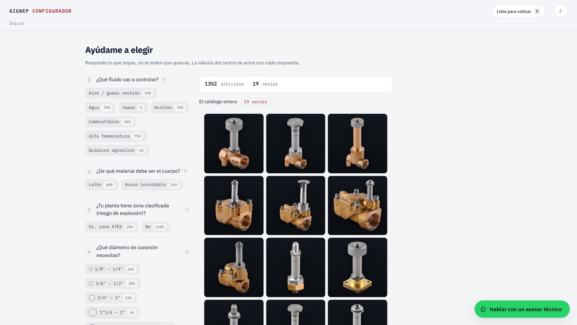El configurador de AIGNEP preguntando fluido, material y conexión